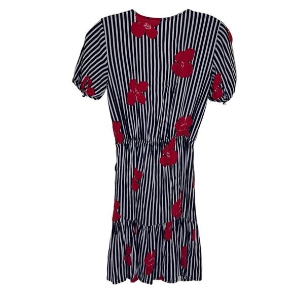 Madewell - Mini Ruffle Wrap Dress, Striped Floral - Size 00, Black, White, Red - Picture 6 of 16